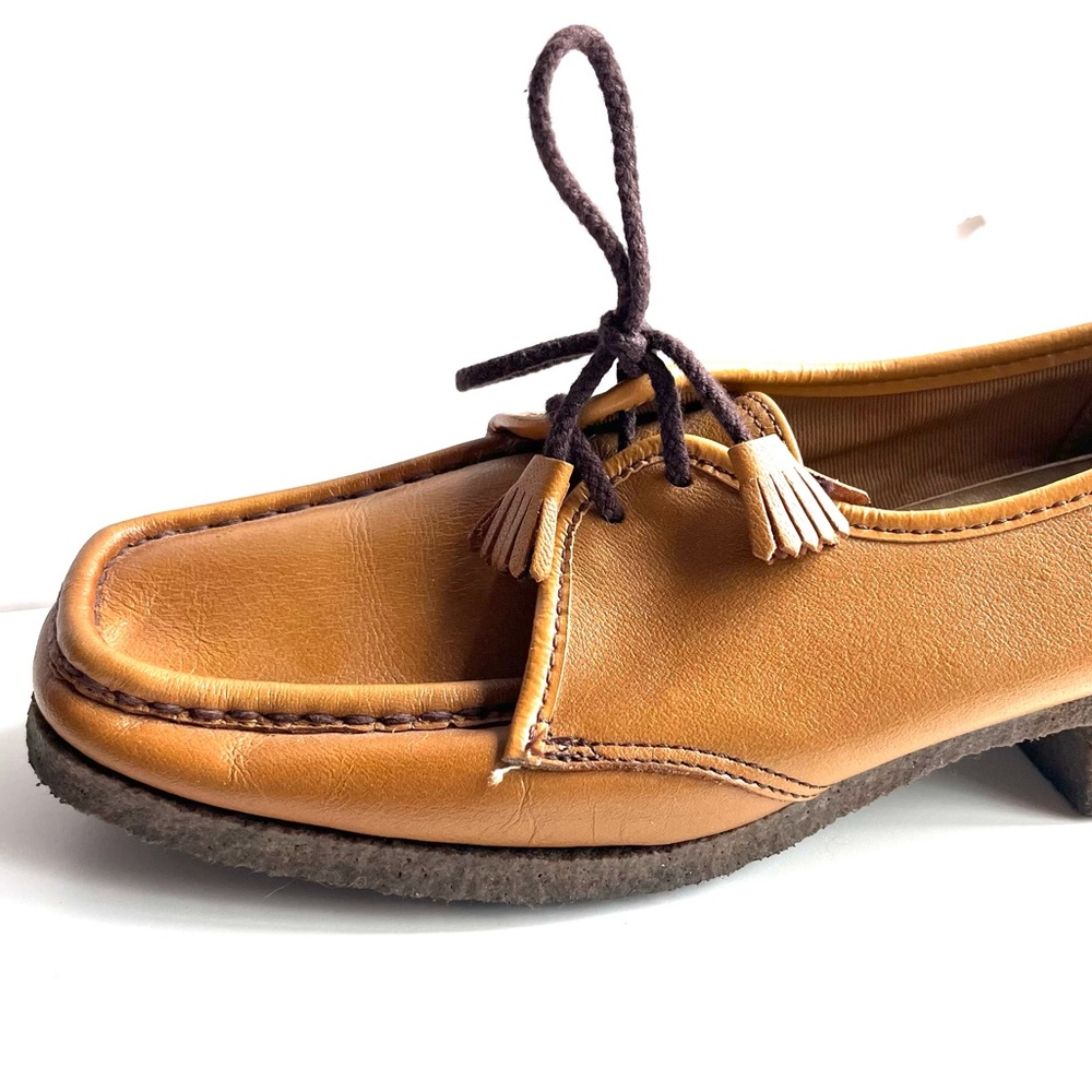 Vintage 70s Leather Shoes Chunky Block Heels Square Toe Platform Loafers Tassel